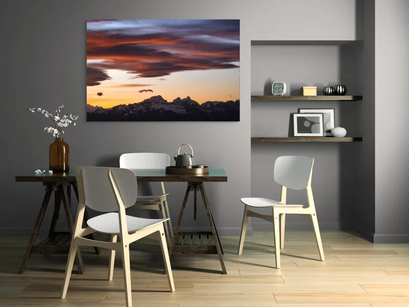 Tablou Canvas, "Apus de soare peste munți înzăpeziți", Cer, Nori, Apus, Montan, Siluetă, Dramatic, Lumină, Pitoresc, 150 x 100 cm – poza 5