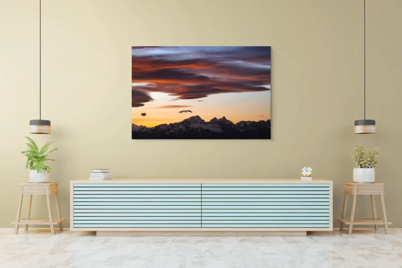 Tablou Canvas, "Apus de soare peste munți înzăpeziți", Cer, Nori, Apus, Montan, Siluetă, Dramatic, Lumină, Pitoresc, 150 x 100 cm – poza 6