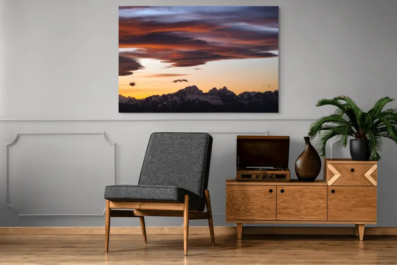 Tablou Canvas, "Apus de soare peste munți înzăpeziți", Cer, Nori, Apus, Montan, Siluetă, Dramatic, Lumină, Pitoresc, 150 x 100 cm – poza 8