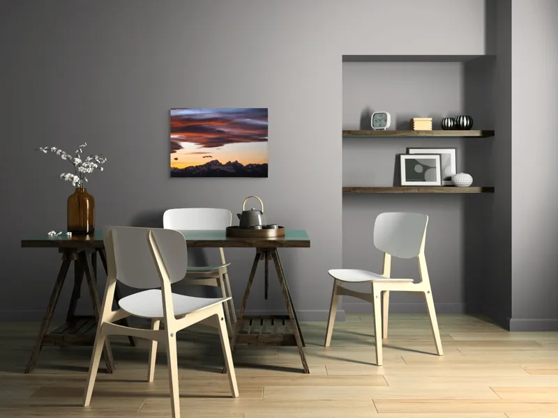 Tablou Canvas, "Apus de soare peste munți înzăpeziți", Cer, Nori, Apus, Montan, Siluetă, Dramatic, Lumină, Pitoresc, 70 x 50 cm – poza 5