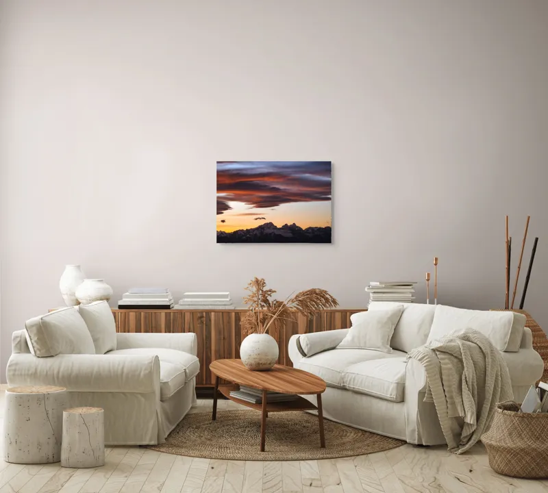 Tablou Canvas, "Apus de soare peste munți înzăpeziți", Cer, Nori, Apus, Montan, Siluetă, Dramatic, Lumină, Pitoresc, 70 x 50 cm – poza 6