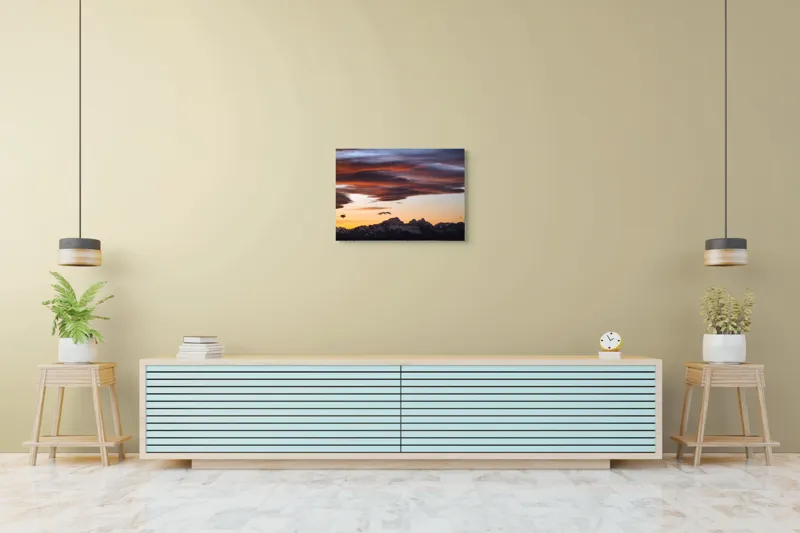 Tablou Canvas, "Apus de soare peste munți înzăpeziți", Cer, Nori, Apus, Montan, Siluetă, Dramatic, Lumină, Pitoresc, 70 x 50 cm – poza 7