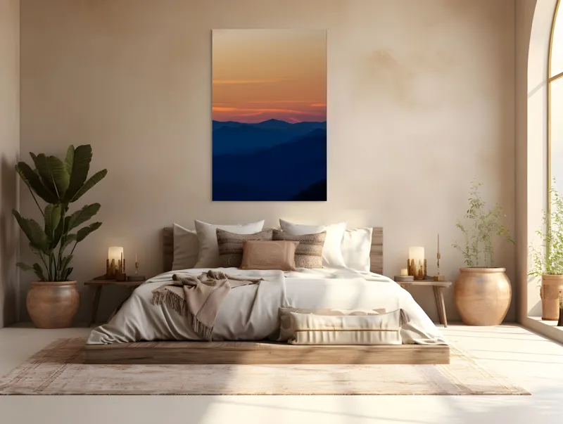 Tablou Canvas, "Munți sub cerul înserării", Apus, Munte, Siluetă, Cer, Nuanțe, Culoare, Liniște, Orizont, 100 x 150 cm – poza 3