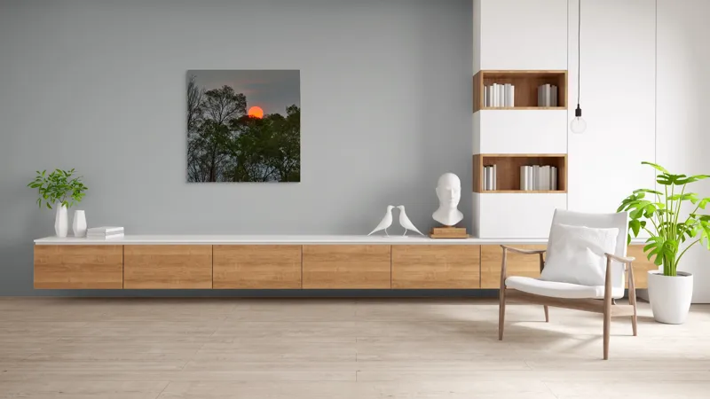 Tablou Canvas, "Apus roșiatic printre copaci umbriți", Apus, Copaci, Cer, Siluetă, Natură, Lumină, Seară, 100 x 100 cm – poza 8