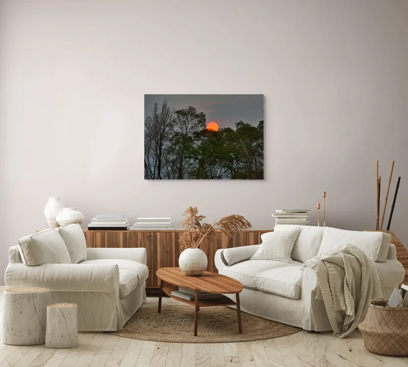 Tablou Canvas, "Apus roșiatic printre copaci umbriți", Apus, Copaci, Cer, Siluetă, Natură, Lumină, Seară, 100 x 70 cm – poza 3