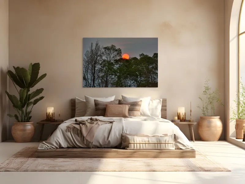 Tablou Canvas, "Apus roșiatic printre copaci umbriți", Apus, Copaci, Cer, Siluetă, Natură, Lumină, Seară, 150 x 100 cm – poza 4