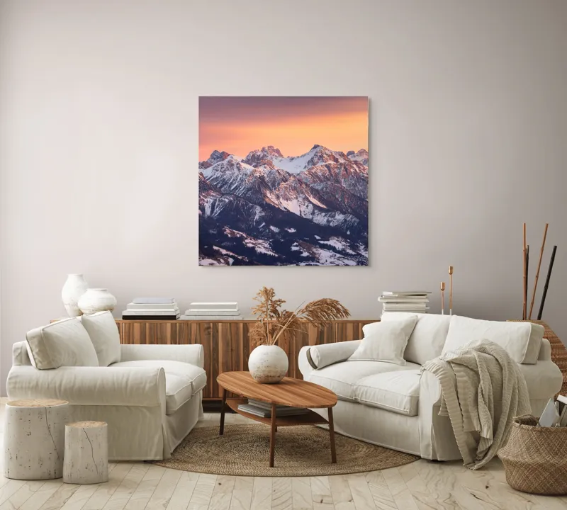 Tablou Canvas, "Munți în zori de iarnă", Montagne, Apus, Zăpadă, Cer, Vârful, Siluetă, Pădure, Vale., 100 x 100 cm – poza 3