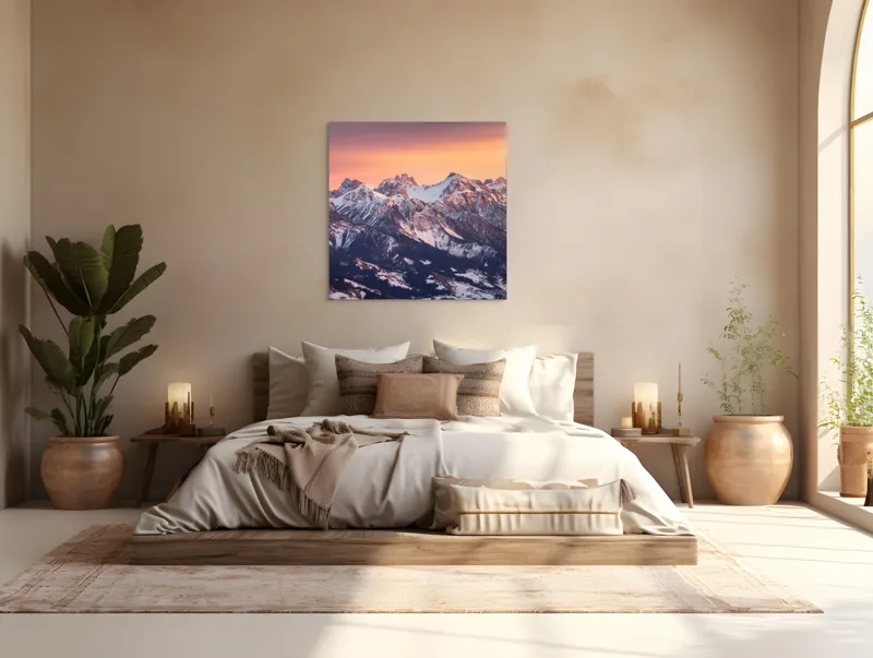 Tablou Canvas, "Munți în zori de iarnă", Montagne, Apus, Zăpadă, Cer, Vârful, Siluetă, Pădure, Vale., 100 x 100 cm – poza 4
