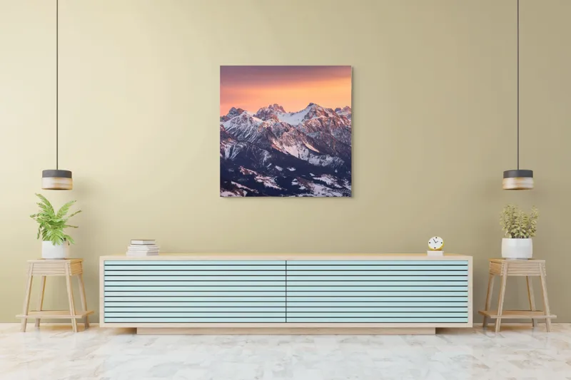 Tablou Canvas, "Munți în zori de iarnă", Montagne, Apus, Zăpadă, Cer, Vârful, Siluetă, Pădure, Vale., 100 x 100 cm – poza 5