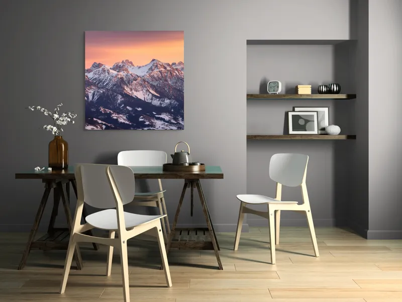Tablou Canvas, "Munți în zori de iarnă", Montagne, Apus, Zăpadă, Cer, Vârful, Siluetă, Pădure, Vale., 100 x 100 cm – poza 6