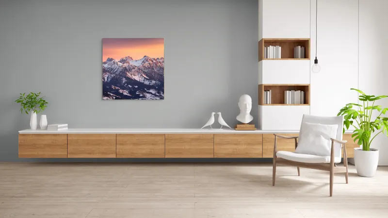 Tablou Canvas, "Munți în zori de iarnă", Montagne, Apus, Zăpadă, Cer, Vârful, Siluetă, Pădure, Vale., 100 x 100 cm – poza 8