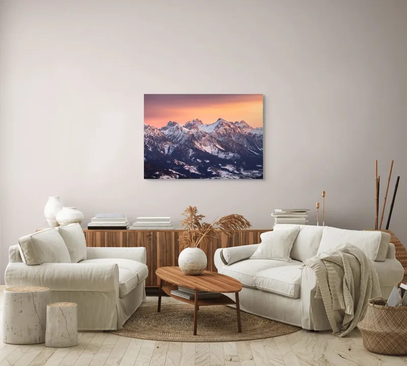 Tablou Canvas, "Munți în zori de iarnă", Montagne, Apus, Zăpadă, Cer, Vârful, Siluetă, Pădure, Vale., 100 x 70 cm – poza 3