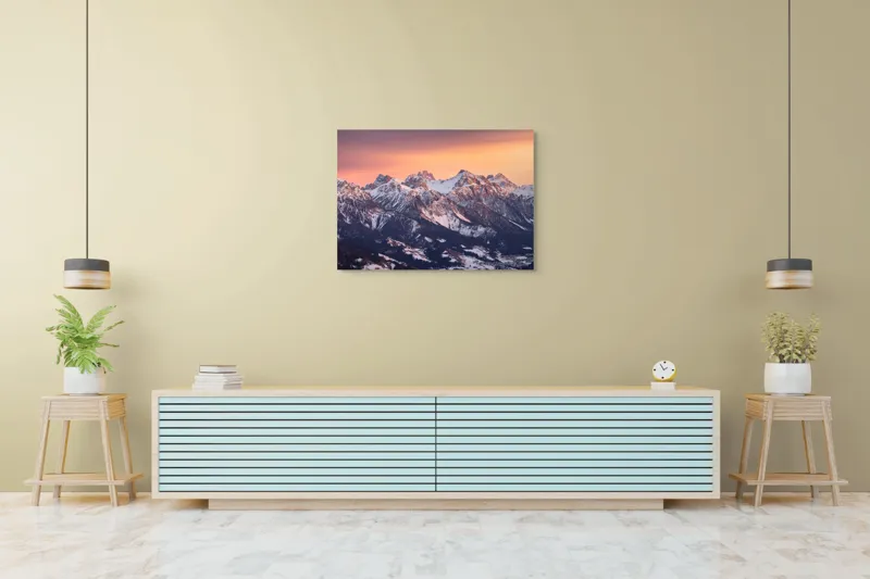 Tablou Canvas, "Munți în zori de iarnă", Montagne, Apus, Zăpadă, Cer, Vârful, Siluetă, Pădure, Vale., 100 x 70 cm – poza 4