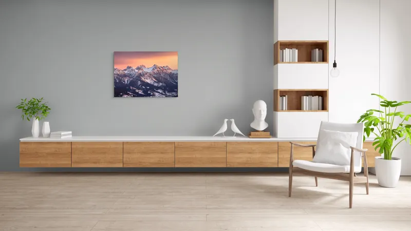 Tablou Canvas, "Munți în zori de iarnă", Montagne, Apus, Zăpadă, Cer, Vârful, Siluetă, Pădure, Vale., 100 x 70 cm – poza 6