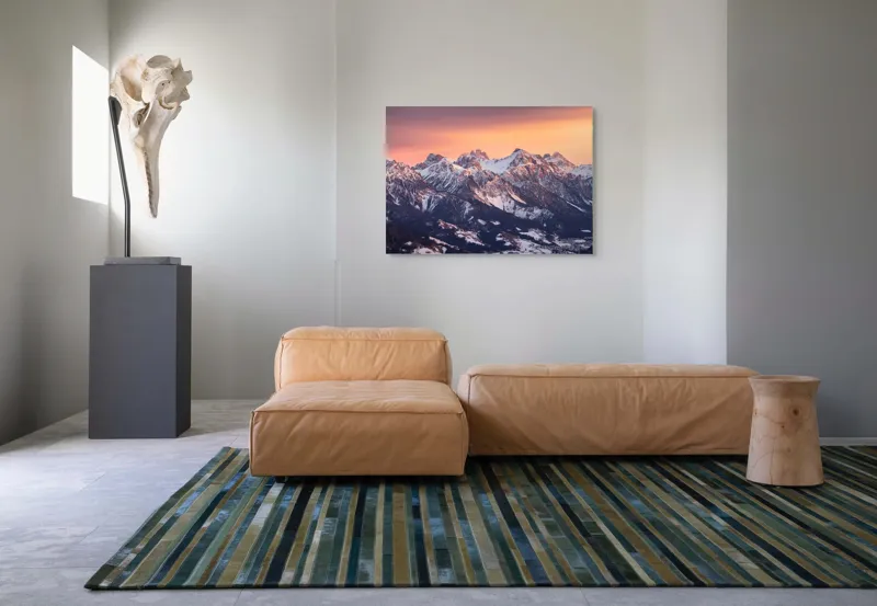Tablou Canvas, "Munți în zori de iarnă", Montagne, Apus, Zăpadă, Cer, Vârful, Siluetă, Pădure, Vale., 100 x 70 cm – poza 7