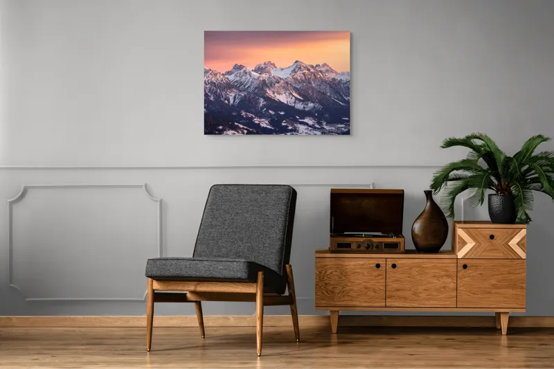 Tablou Canvas, "Munți în zori de iarnă", Montagne, Apus, Zăpadă, Cer, Vârful, Siluetă, Pădure, Vale., 100 x 70 cm – poza 8