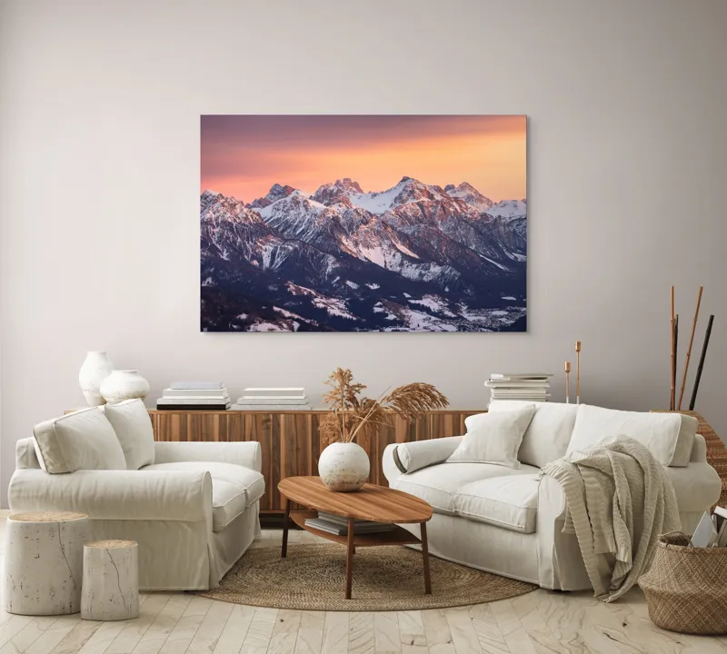 Tablou Canvas, "Munți în zori de iarnă", Montagne, Apus, Zăpadă, Cer, Vârful, Siluetă, Pădure, Vale., 150 x 100 cm – poza 3