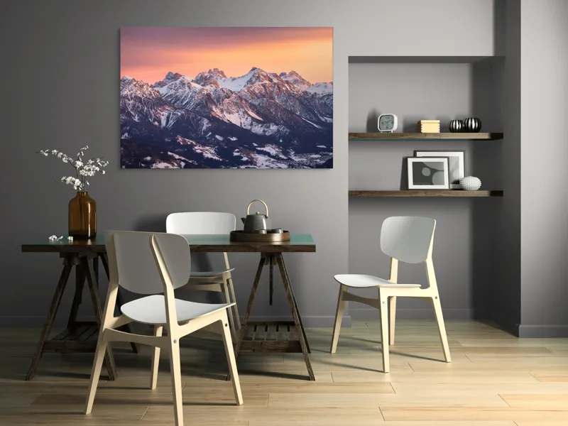 Tablou Canvas, "Munți în zori de iarnă", Montagne, Apus, Zăpadă, Cer, Vârful, Siluetă, Pădure, Vale., 150 x 100 cm – poza 5