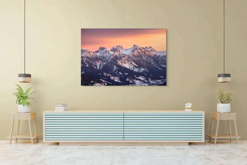 Tablou Canvas, "Munți în zori de iarnă", Montagne, Apus, Zăpadă, Cer, Vârful, Siluetă, Pădure, Vale., 150 x 100 cm – poza 6
