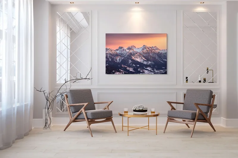 Tablou Canvas, "Munți în zori de iarnă", Montagne, Apus, Zăpadă, Cer, Vârful, Siluetă, Pădure, Vale., 150 x 100 cm – poza 7