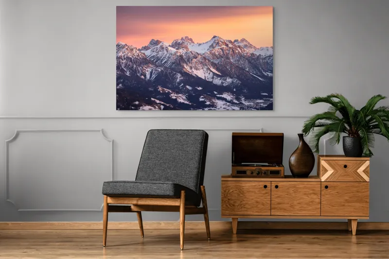 Tablou Canvas, "Munți în zori de iarnă", Montagne, Apus, Zăpadă, Cer, Vârful, Siluetă, Pădure, Vale., 150 x 100 cm – poza 8