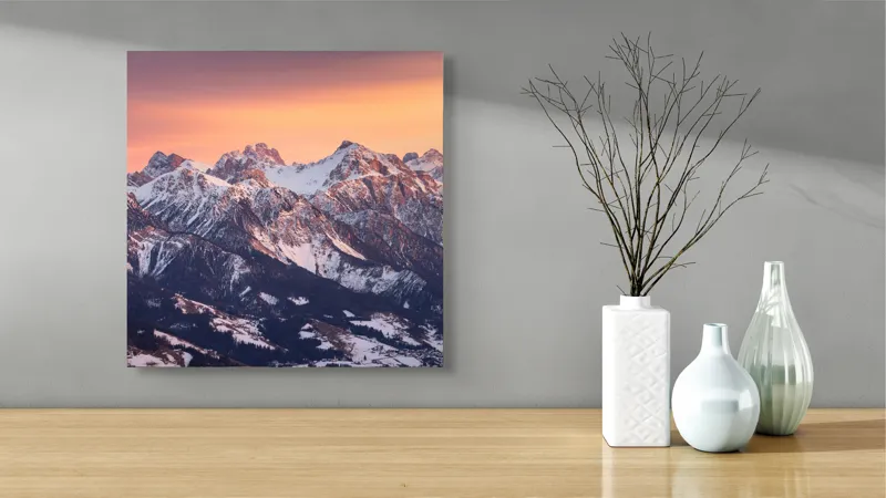 Tablou Canvas, "Munți în zori de iarnă", Montagne, Apus, Zăpadă, Cer, Vârful, Siluetă, Pădure, Vale., 50 x 50 cm – poza 3