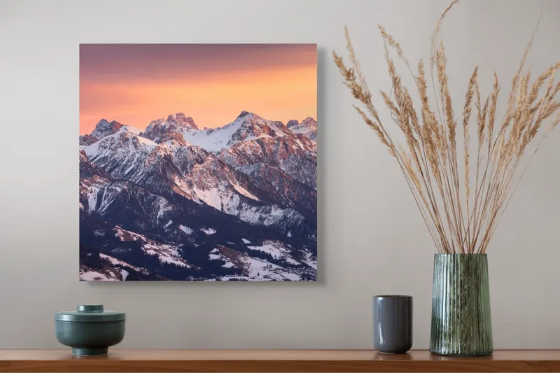 Tablou Canvas, "Munți în zori de iarnă", Montagne, Apus, Zăpadă, Cer, Vârful, Siluetă, Pădure, Vale., 50 x 50 cm – poza 4