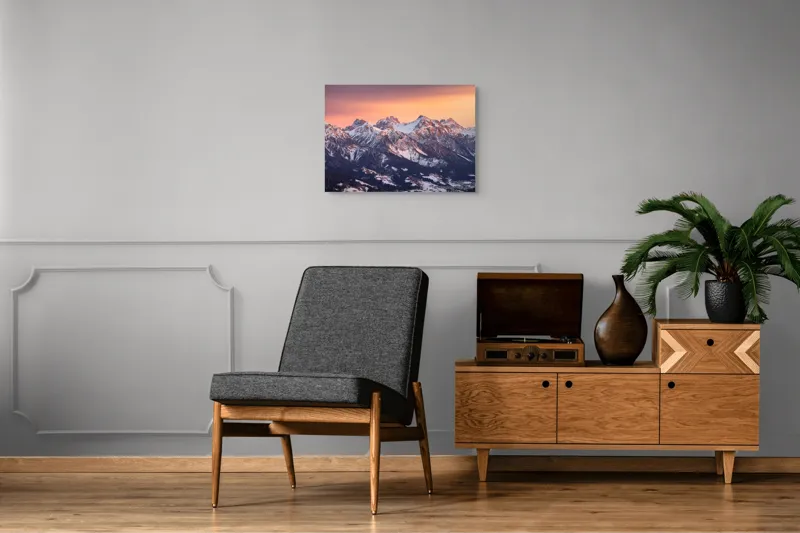 Tablou Canvas, "Munți în zori de iarnă", Montagne, Apus, Zăpadă, Cer, Vârful, Siluetă, Pădure, Vale., 70 x 50 cm – poza 4