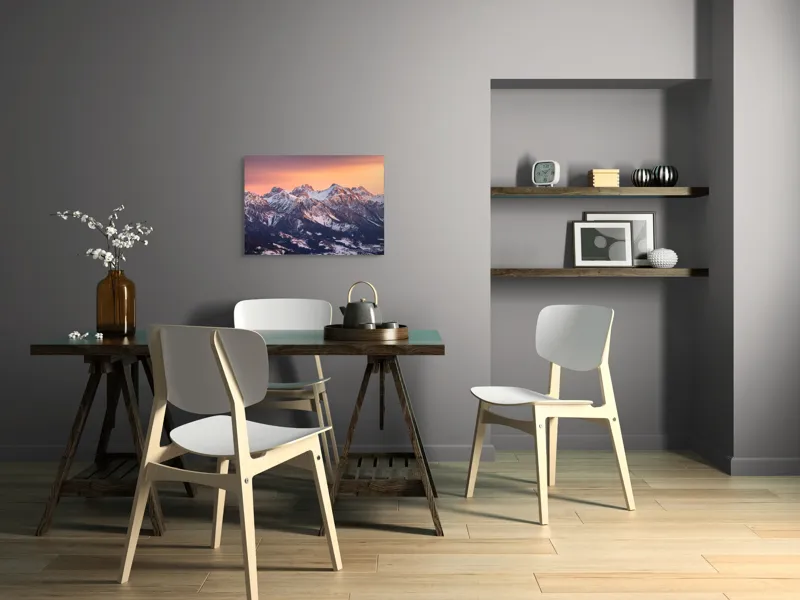 Tablou Canvas, "Munți în zori de iarnă", Montagne, Apus, Zăpadă, Cer, Vârful, Siluetă, Pădure, Vale., 70 x 50 cm – poza 5