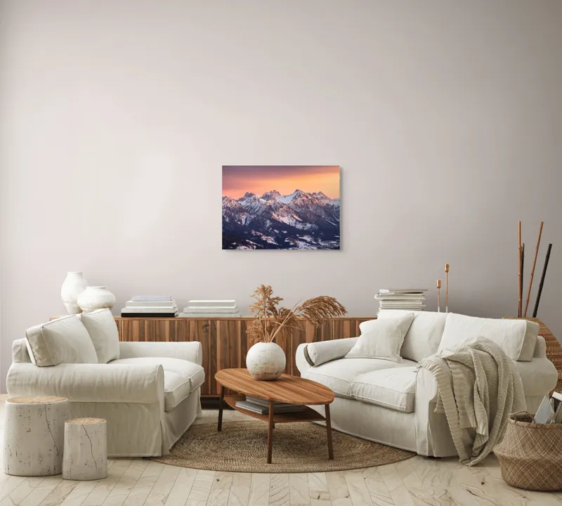 Tablou Canvas, "Munți în zori de iarnă", Montagne, Apus, Zăpadă, Cer, Vârful, Siluetă, Pădure, Vale., 70 x 50 cm – poza 6