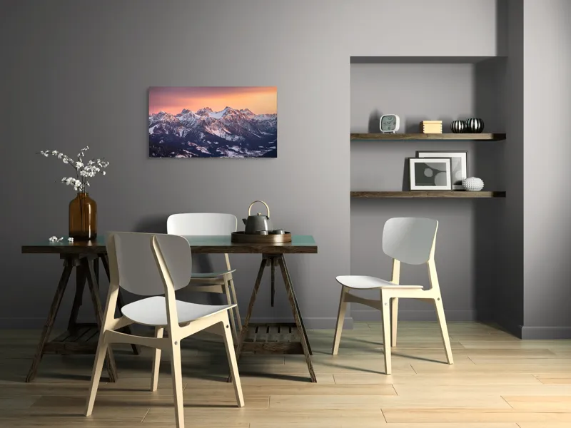 Tablou Canvas, "Munți în zori de iarnă", Montagne, Apus, Zăpadă, Cer, Vârful, Siluetă, Pădure, Vale., 90 x 50 cm – poza 3