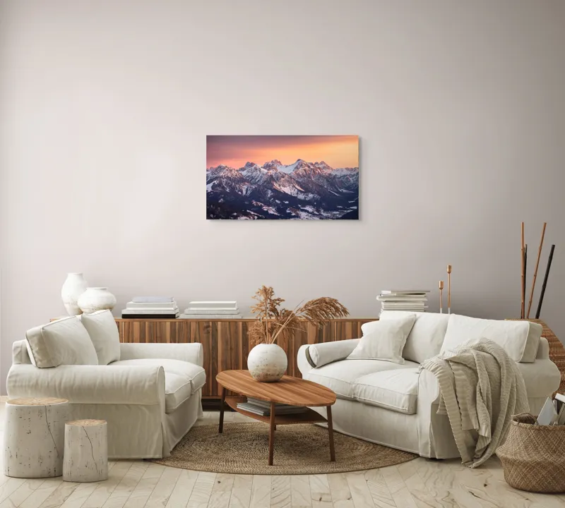 Tablou Canvas, "Munți în zori de iarnă", Montagne, Apus, Zăpadă, Cer, Vârful, Siluetă, Pădure, Vale., 90 x 50 cm – poza 4