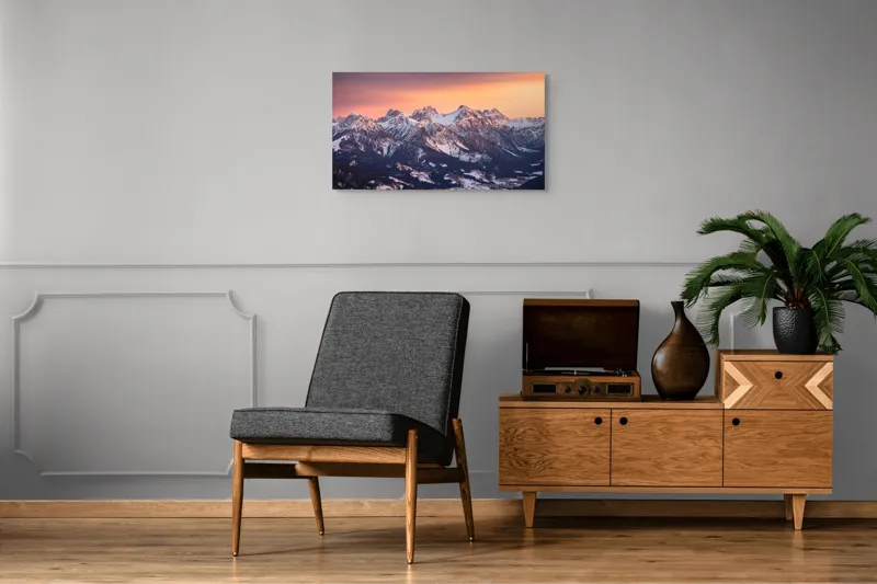 Tablou Canvas, "Munți în zori de iarnă", Montagne, Apus, Zăpadă, Cer, Vârful, Siluetă, Pădure, Vale., 90 x 50 cm – poza 6