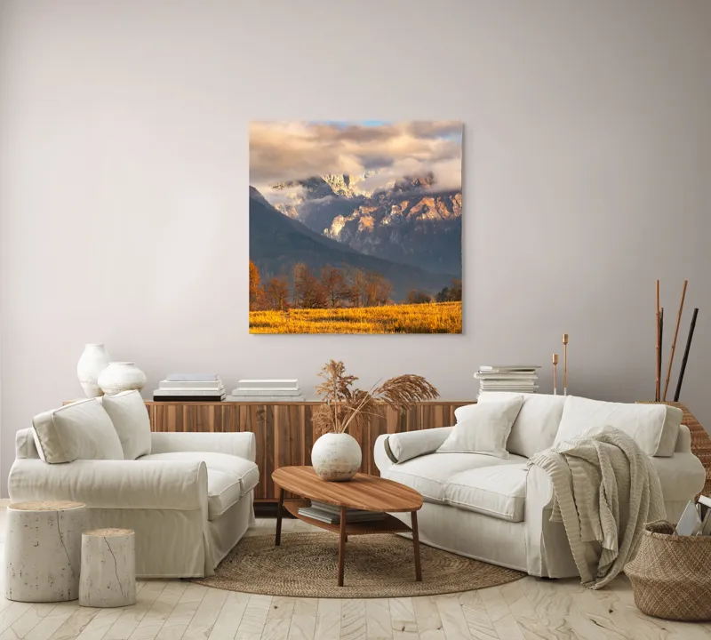 Tablou Canvas, "Misterul norilor peste munți aurii", Nor, Munți, Copaci, Toamnă, Peisaj, Câmpie, Cer, Apus, Lumină, Umbre, 100 x 100 cm – poza 3