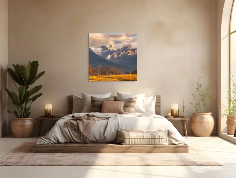 Tablou Canvas, "Misterul norilor peste munți aurii", Nor, Munți, Copaci, Toamnă, Peisaj, Câmpie, Cer, Apus, Lumină, Umbre, 100 x 100 cm – poza 4