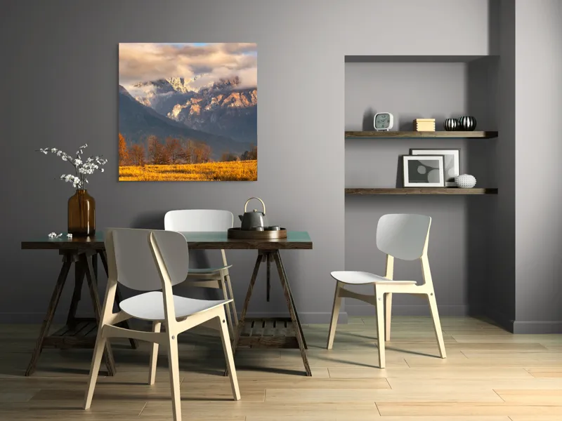 Tablou Canvas, "Misterul norilor peste munți aurii", Nor, Munți, Copaci, Toamnă, Peisaj, Câmpie, Cer, Apus, Lumină, Umbre, 100 x 100 cm – poza 6