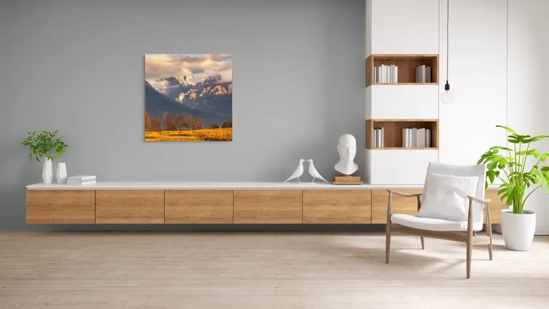 Tablou Canvas, "Misterul norilor peste munți aurii", Nor, Munți, Copaci, Toamnă, Peisaj, Câmpie, Cer, Apus, Lumină, Umbre, 100 x 100 cm – poza 8