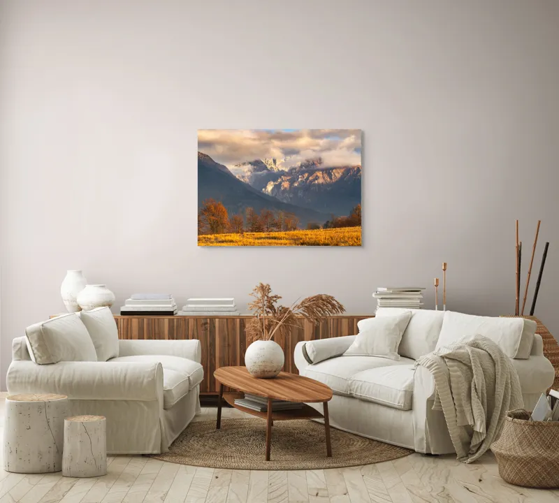 Tablou Canvas, "Misterul norilor peste munți aurii", Nor, Munți, Copaci, Toamnă, Peisaj, Câmpie, Cer, Apus, Lumină, Umbre, 100 x 70 cm – poza 3
