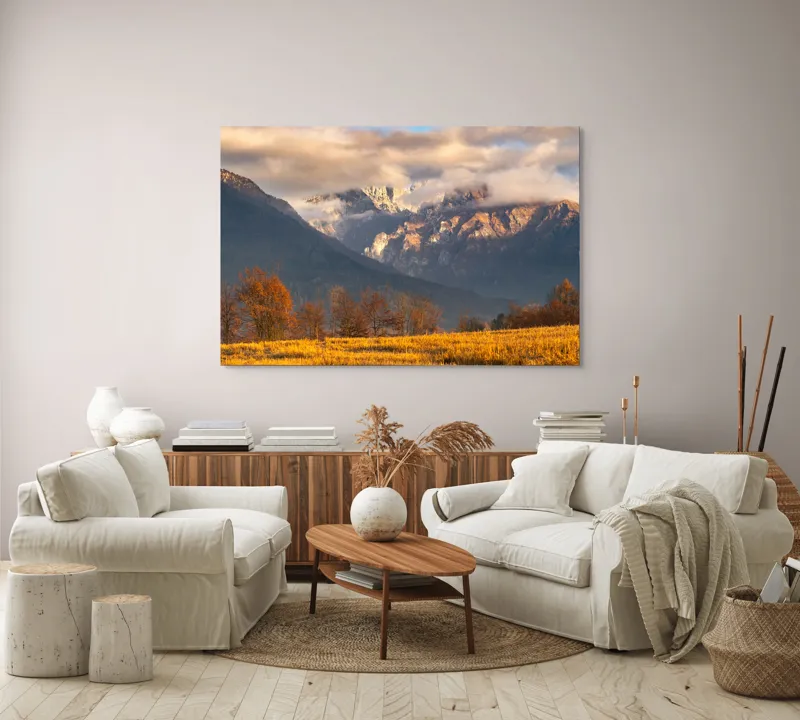 Tablou Canvas, "Misterul norilor peste munți aurii", Nor, Munți, Copaci, Toamnă, Peisaj, Câmpie, Cer, Apus, Lumină, Umbre, 150 x 100 cm – poza 3