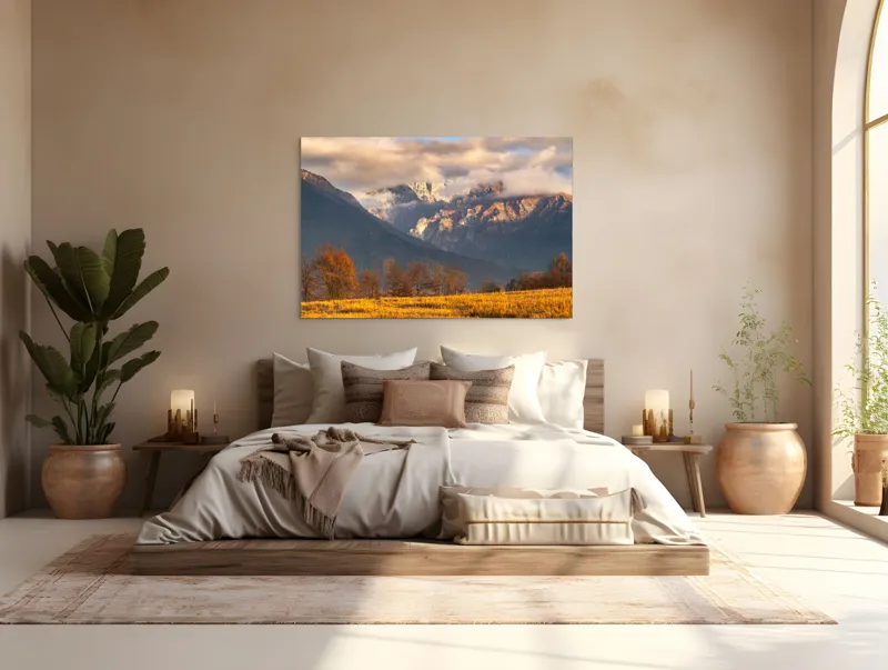 Tablou Canvas, "Misterul norilor peste munți aurii", Nor, Munți, Copaci, Toamnă, Peisaj, Câmpie, Cer, Apus, Lumină, Umbre, 150 x 100 cm – poza 4