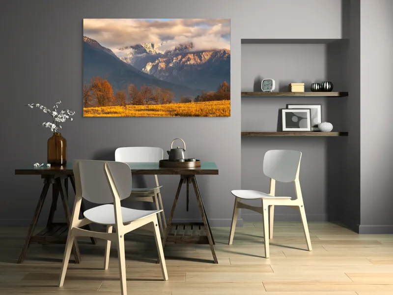 Tablou Canvas, "Misterul norilor peste munți aurii", Nor, Munți, Copaci, Toamnă, Peisaj, Câmpie, Cer, Apus, Lumină, Umbre, 150 x 100 cm – poza 5