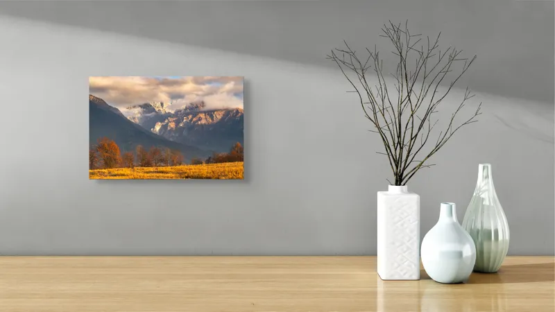 Tablou Canvas, "Misterul norilor peste munți aurii", Nor, Munți, Copaci, Toamnă, Peisaj, Câmpie, Cer, Apus, Lumină, Umbre, 39 x 26 cm – poza 8