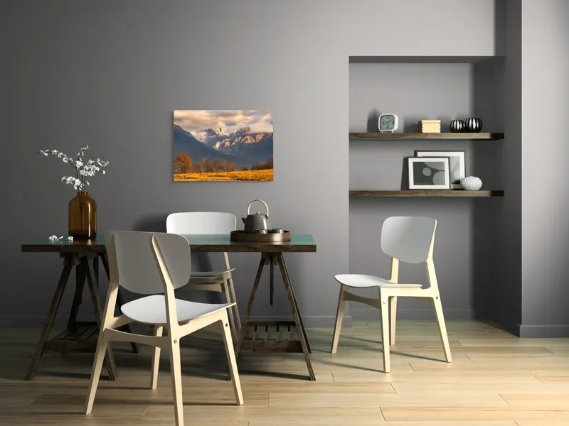 Tablou Canvas, "Misterul norilor peste munți aurii", Nor, Munți, Copaci, Toamnă, Peisaj, Câmpie, Cer, Apus, Lumină, Umbre, 70 x 50 cm – poza 5