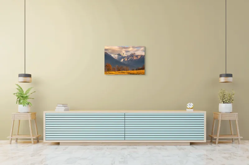 Tablou Canvas, "Misterul norilor peste munți aurii", Nor, Munți, Copaci, Toamnă, Peisaj, Câmpie, Cer, Apus, Lumină, Umbre, 70 x 50 cm – poza 7