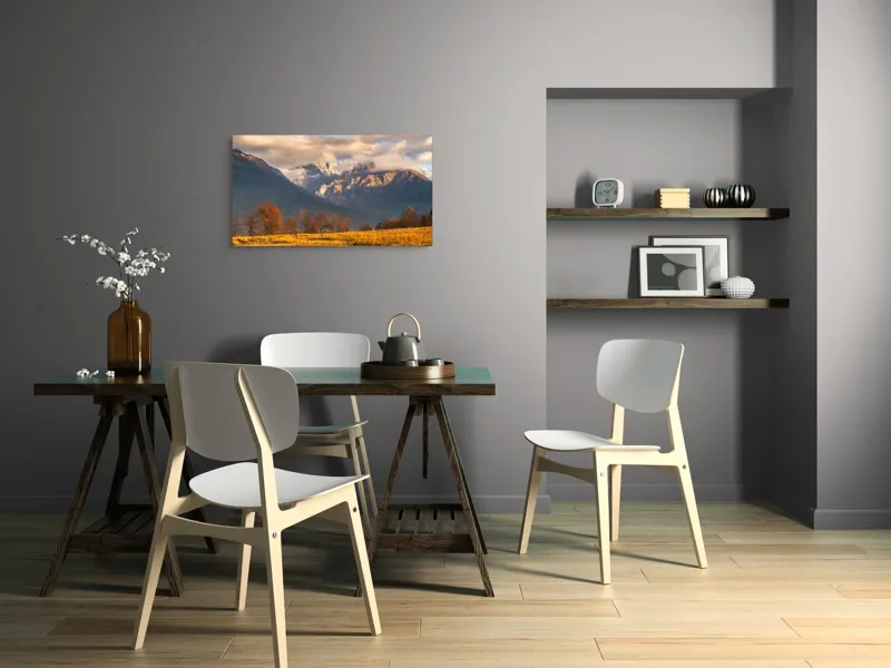 Tablou Canvas, "Misterul norilor peste munți aurii", Nor, Munți, Copaci, Toamnă, Peisaj, Câmpie, Cer, Apus, Lumină, Umbre, 90 x 50 cm – poza 3
