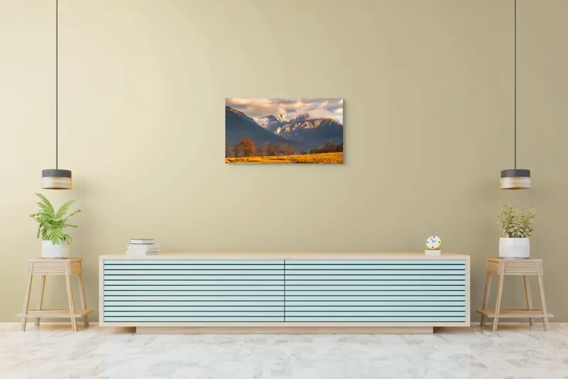 Tablou Canvas, "Misterul norilor peste munți aurii", Nor, Munți, Copaci, Toamnă, Peisaj, Câmpie, Cer, Apus, Lumină, Umbre, 90 x 50 cm – poza 5