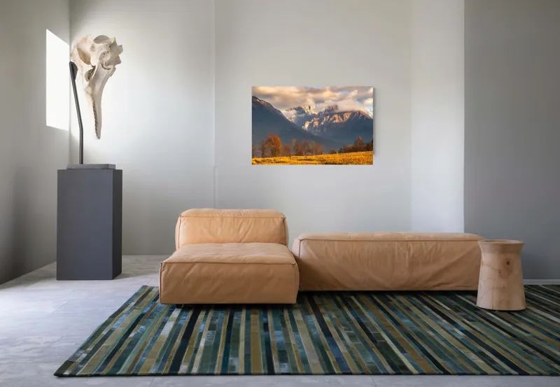Tablou Canvas, "Misterul norilor peste munți aurii", Nor, Munți, Copaci, Toamnă, Peisaj, Câmpie, Cer, Apus, Lumină, Umbre, 90 x 50 cm – poza 8