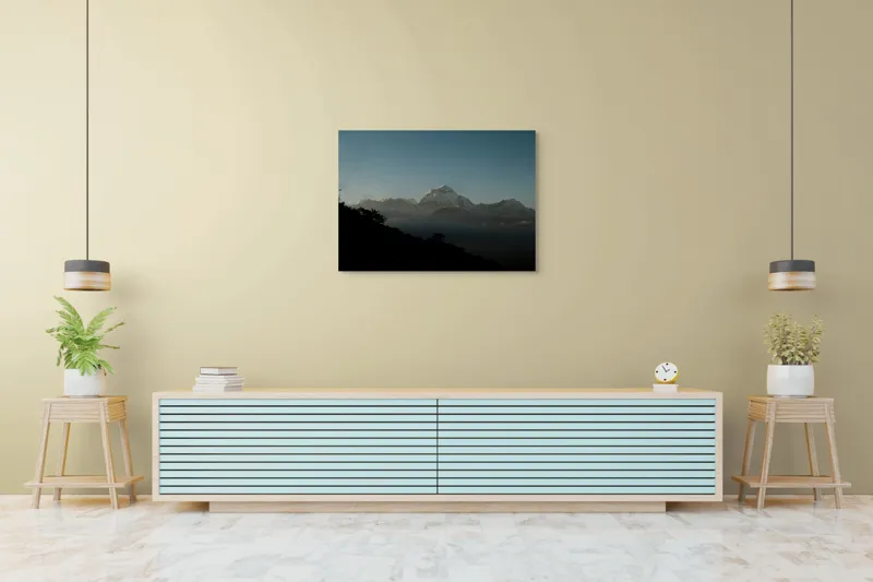Tablou Canvas, "Lumina dimineții pe vârfuri alpine", Majestuos, Întunecat, Pitoresc, Imens, Tranquil, Rece, Impunător, Serafic, Solitar, 100 x 70 cm – poza 4