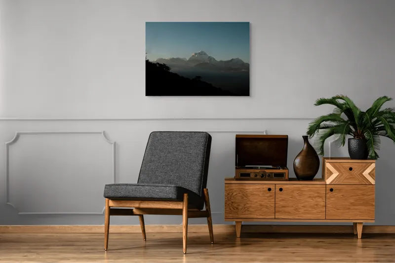 Tablou Canvas, "Lumina dimineții pe vârfuri alpine", Majestuos, Întunecat, Pitoresc, Imens, Tranquil, Rece, Impunător, Serafic, Solitar, 100 x 70 cm – poza 8