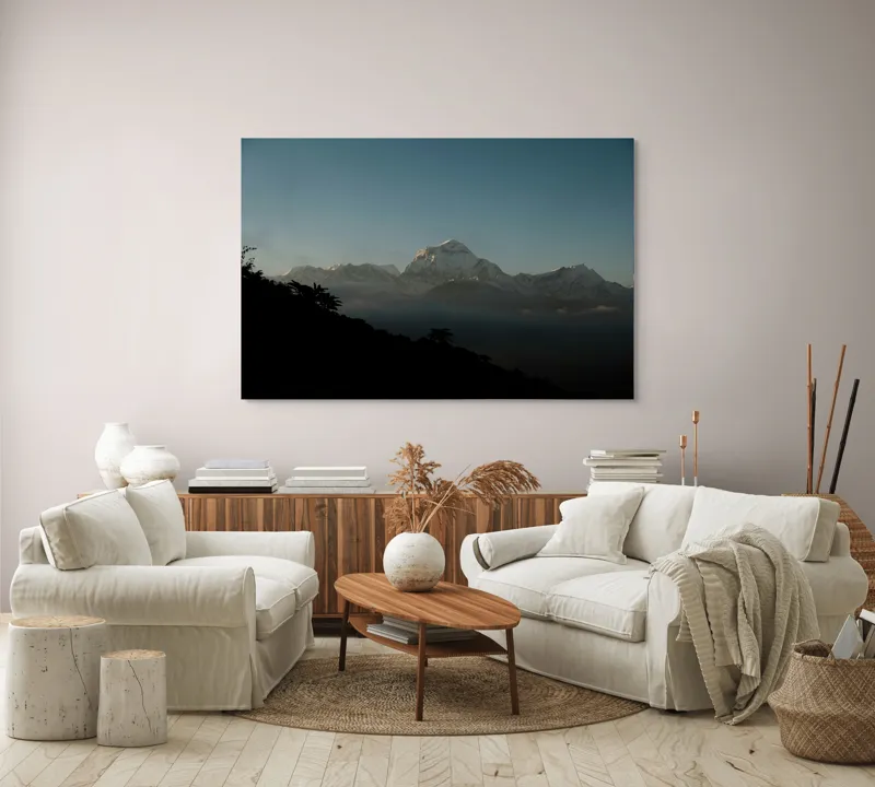 Tablou Canvas, "Lumina dimineții pe vârfuri alpine", Majestuos, Întunecat, Pitoresc, Imens, Tranquil, Rece, Impunător, Serafic, Solitar, 150 x 100 cm – poza 3